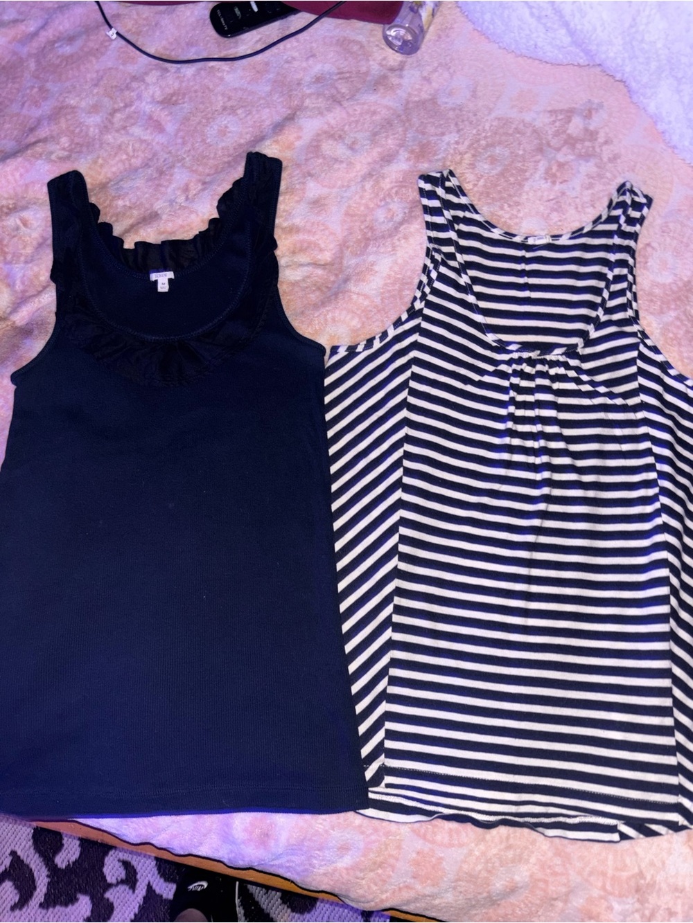 2 J. Crew dark blue Ruffle Tank & Navy-White Striped Tank Duo